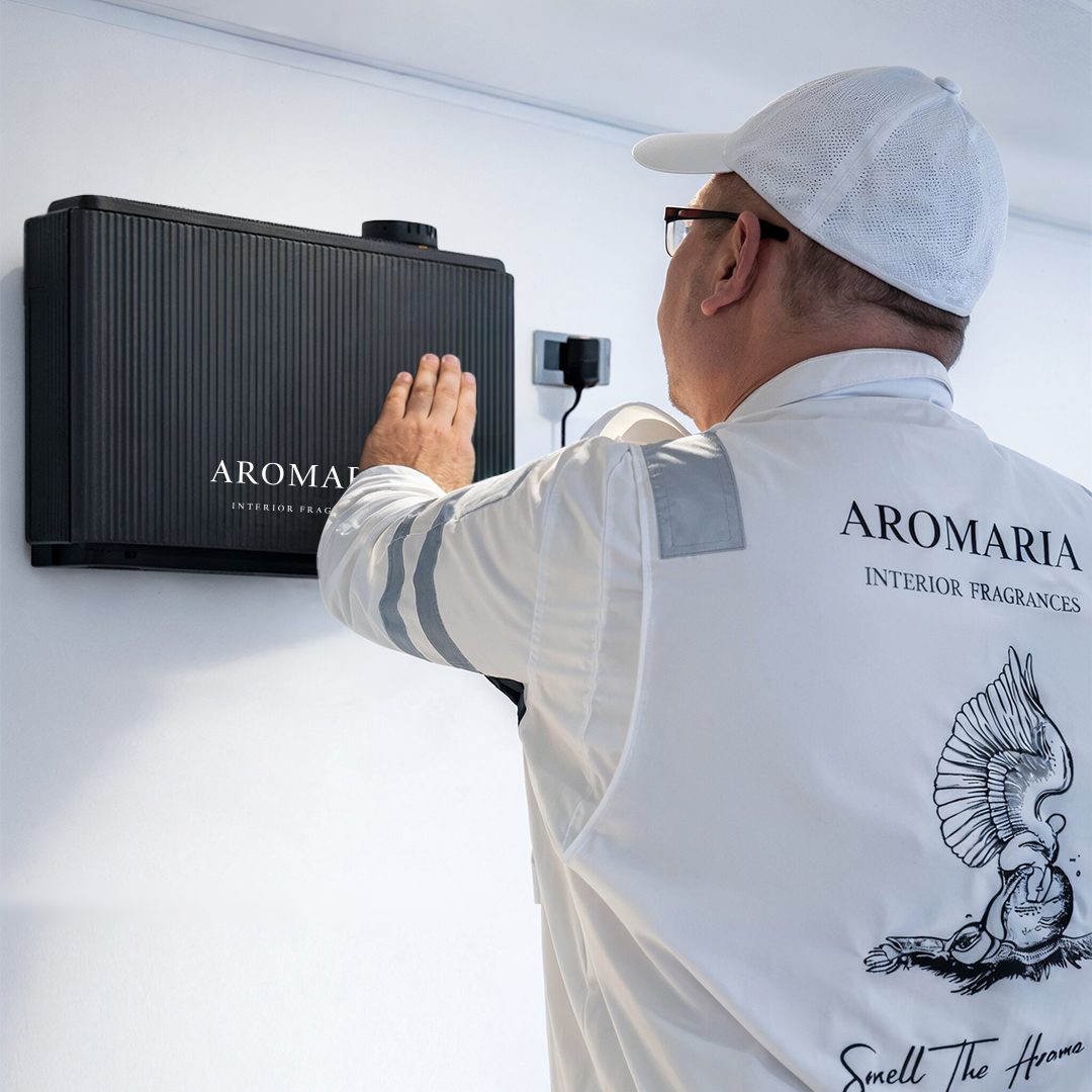Técnico de Aromaria instalando un difusor de aroma en una empresa